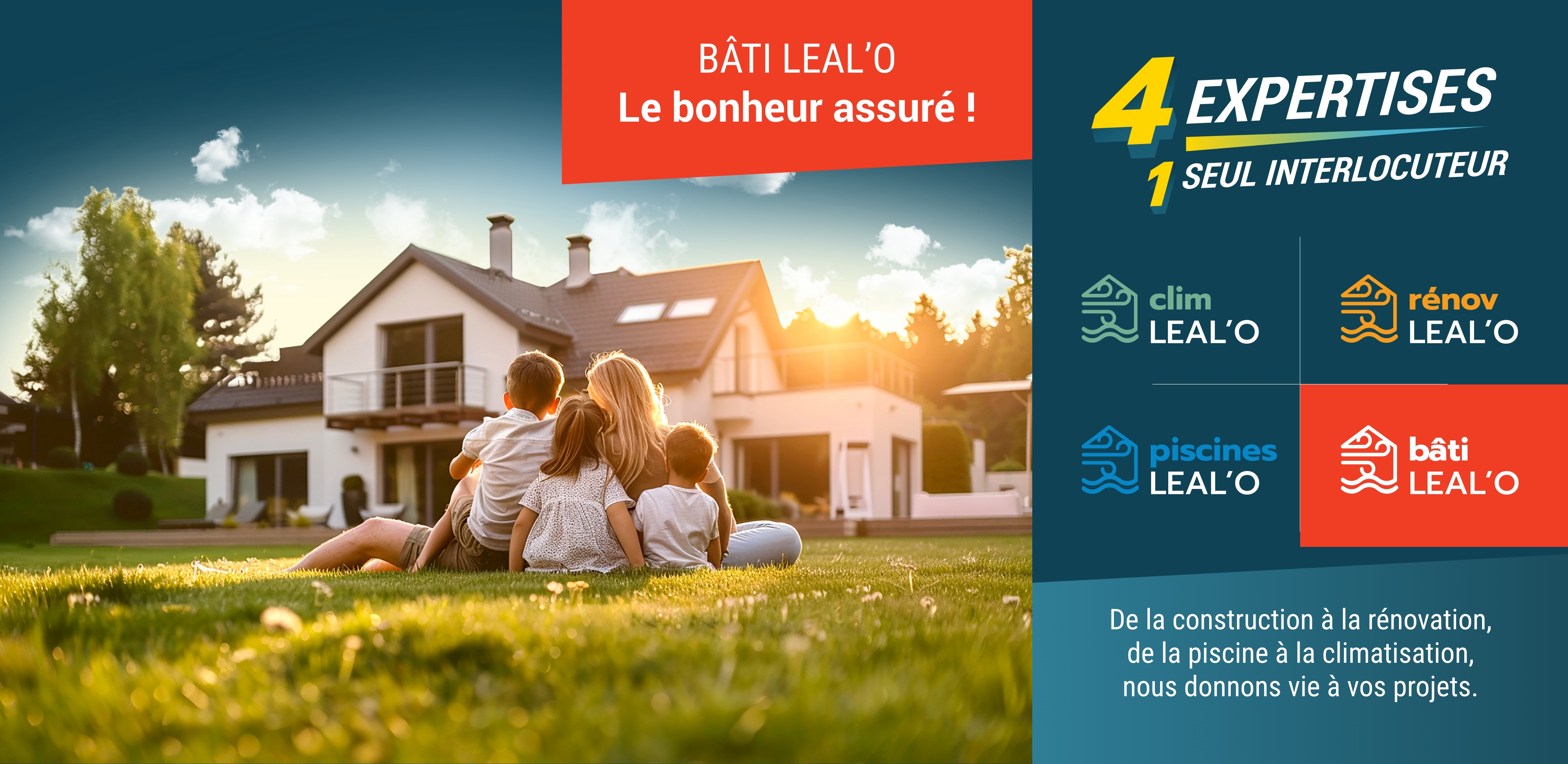 Famille réunie dans le jardin devant une maison – Bâti Leal’O
