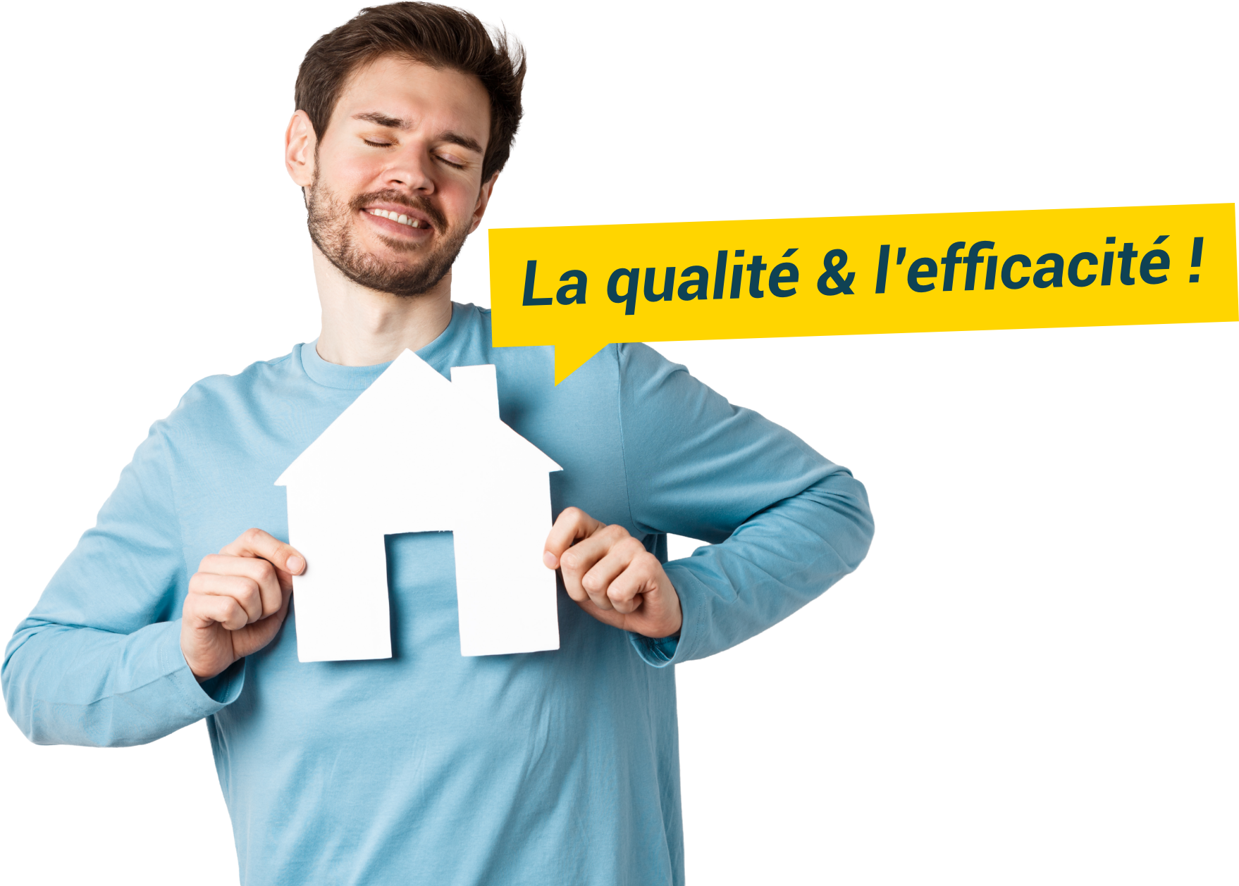 Homme tenant une maison en papier, symbole de la qualité et de l’efficacité de PBC Groupe