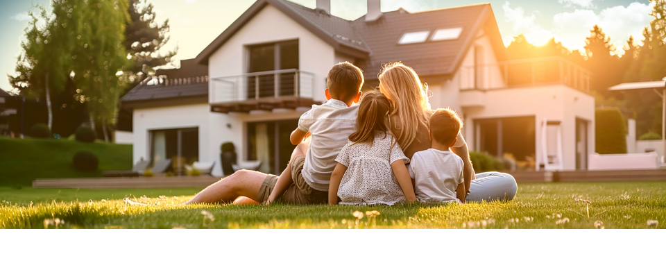 Famille assise dans le jardin devant une maison neuve