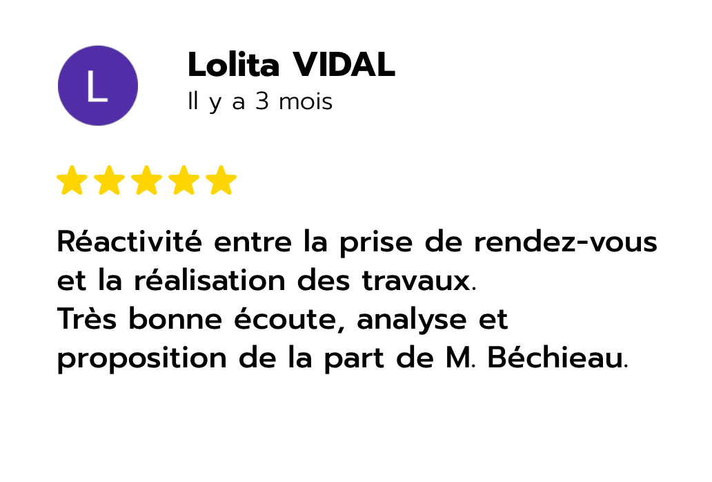 Avis Google 5 étoiles de Lolita Vidal sur la réactivité, l’écoute et les conseils de PBC Groupe.