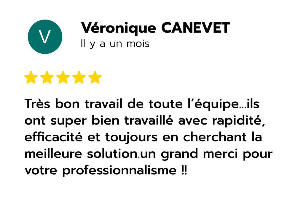 Avis Google 5 étoiles de Véronique Canevet sur la rapidité, l’efficacité et le professionnalisme de PBC Groupe.